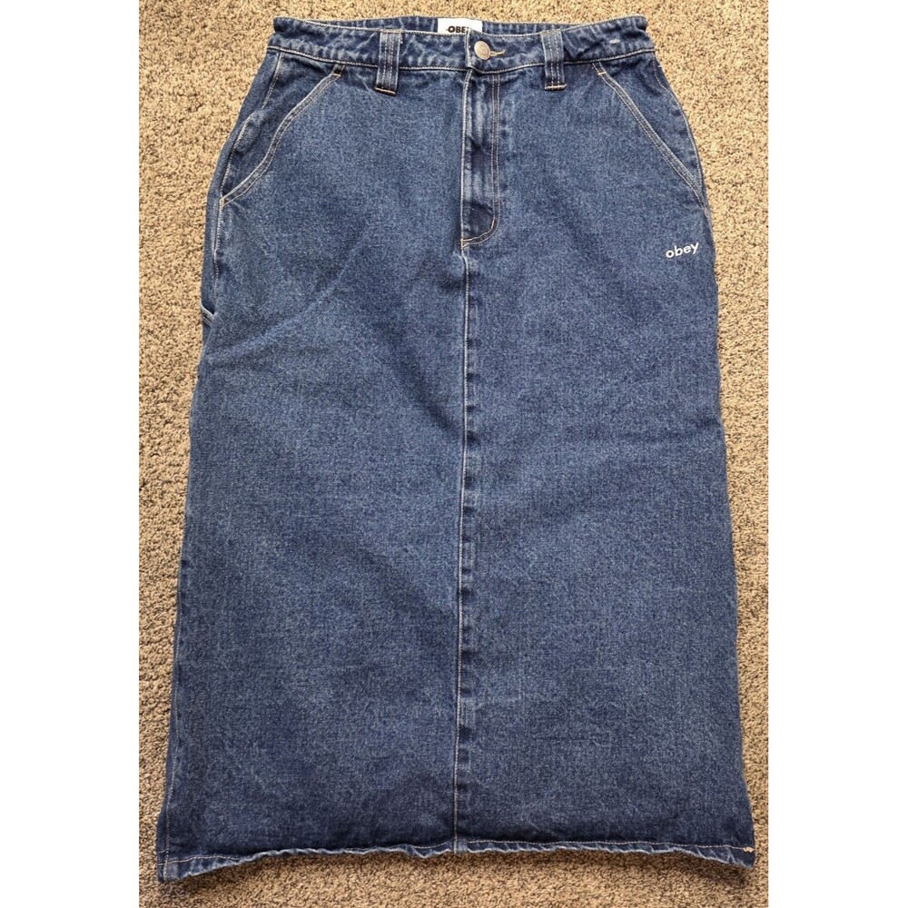 Obey Denim Jean Carpenter Skirt Size 28 90's Skater Punk Streetwear Urban - Picture 2 of 11